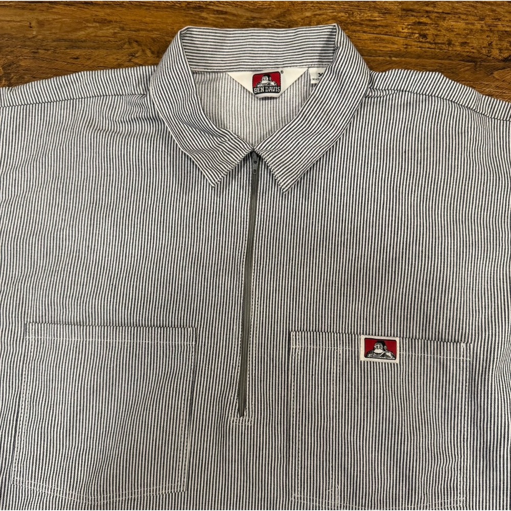 Vintage Ben Davis Gray Striped Made USA Short Sleeve 1/2 Zip Work Shirt Men's XL